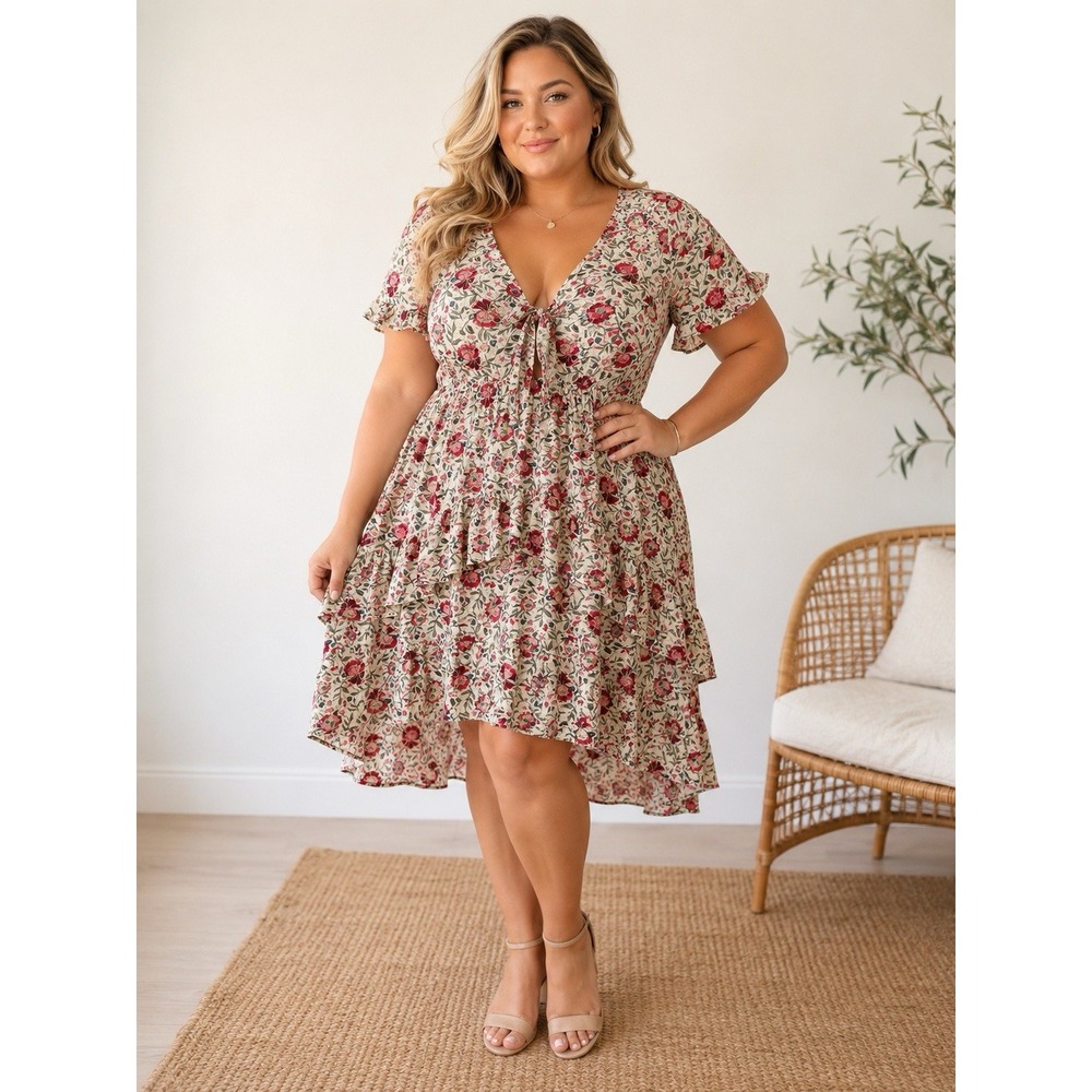 Nasty Gal Floral Tiered Midi Dress US 6 Tie Front Ruffle Boho Cottagecore -3295